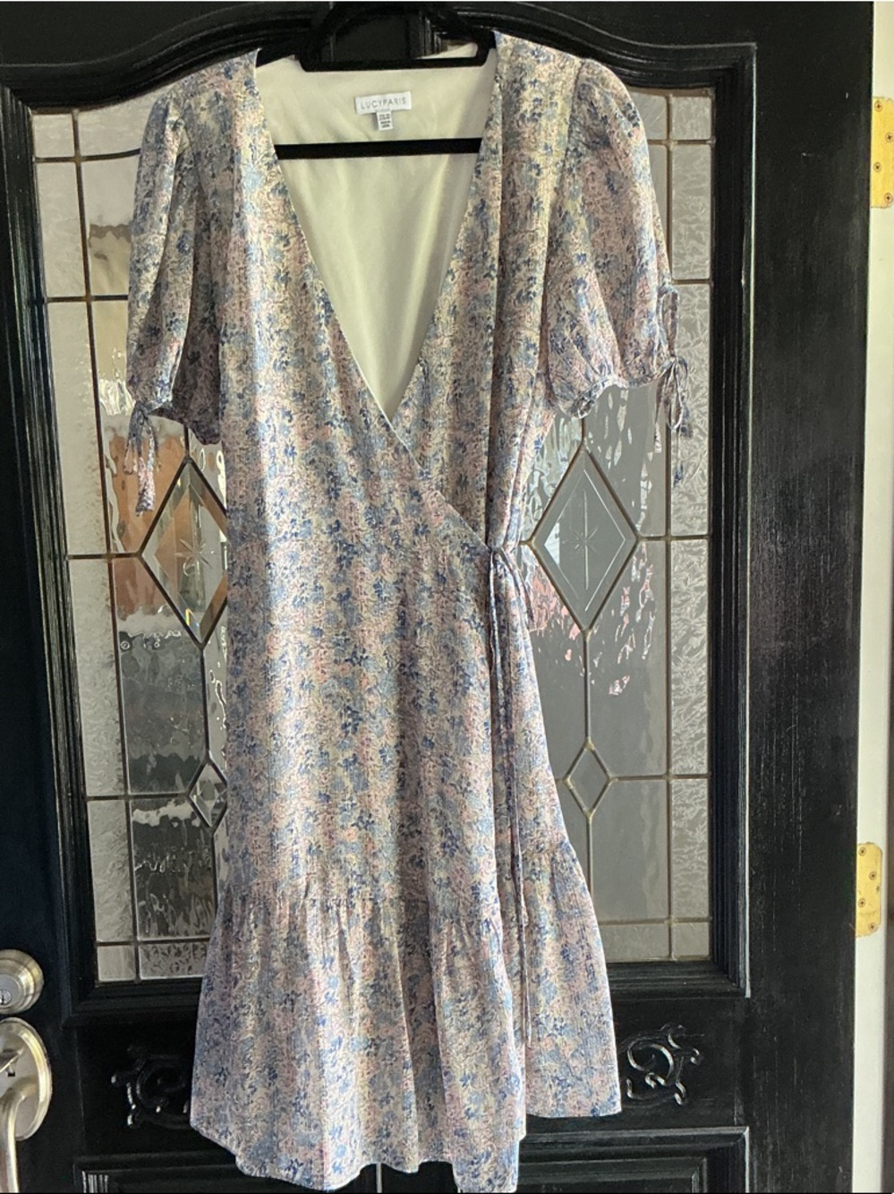 Lucy Paris Blue and Cream Floral Wrap Midi Dress
